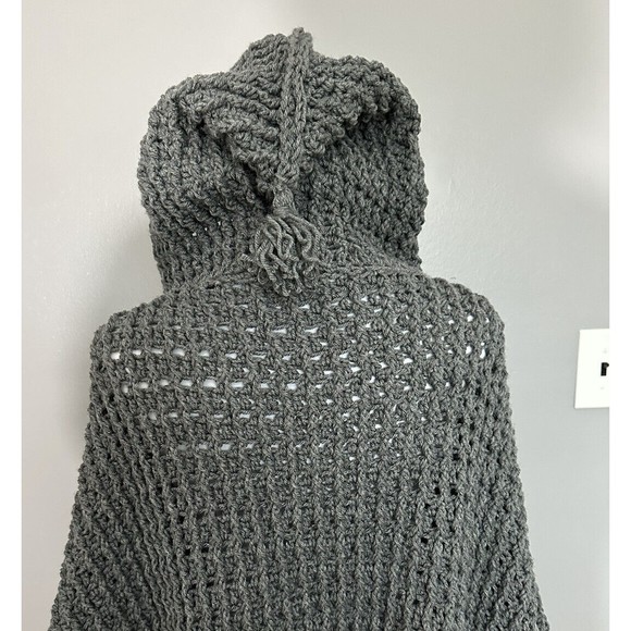 Hand Knit Womens Oversized Chunky Slouch Gray/Red Cardigan Hooded Long Sweater - Picture 5 of 6